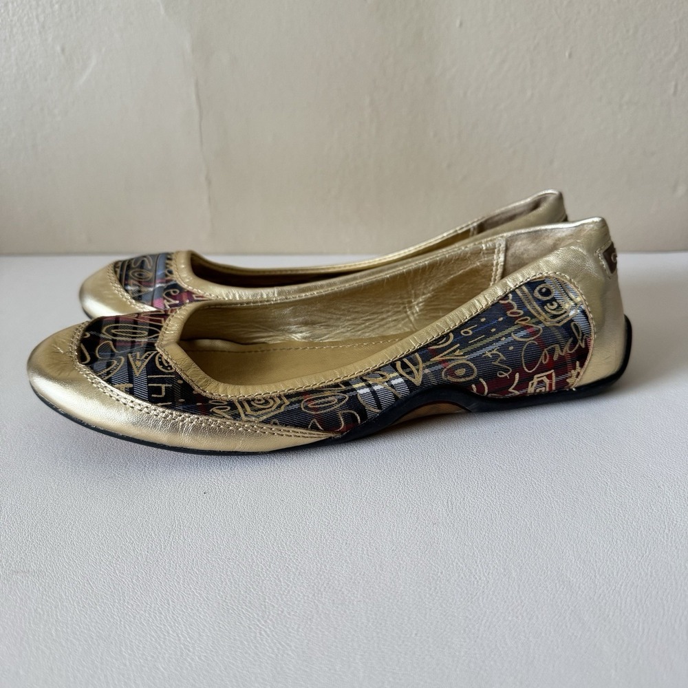 COACH Ballet Flats Gold Tartan Plaid True Graffiti Logo Shoes Slip On Sz 7.5 Y2K - Picture 4 of 8
